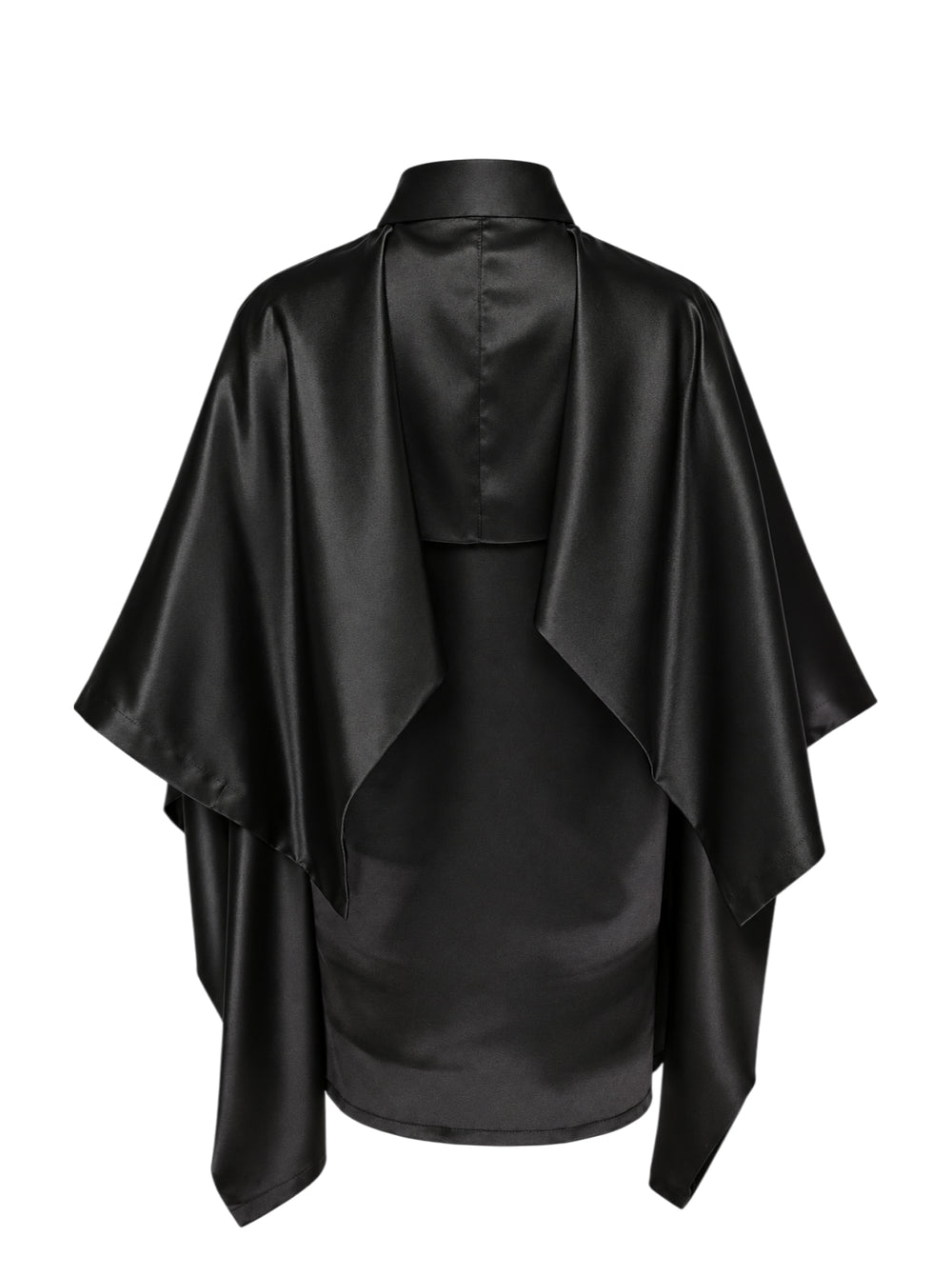 Comme des Garçons black polyester satin blouse with wide cape sleeves, button-front fastening, chest pocket, and contrast matte hem panel, displayed flat on a white background - view 2