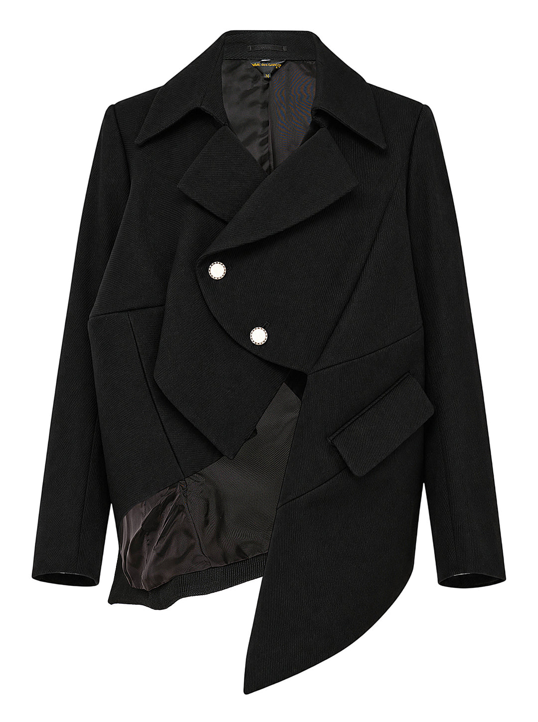 Comme des Garçons black sculptural asymmetric blazer with deconstructed layered lapels, mother-of-pearl buttons, and asymmetric hem revealing satin lining, photographed flat on white background