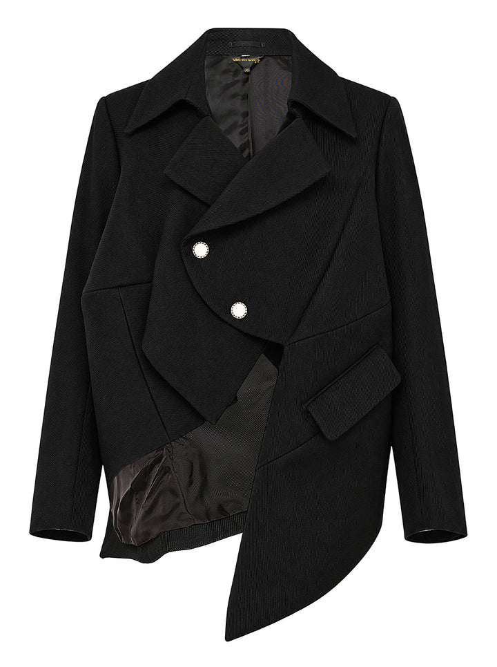 Comme des Garçons black sculptural asymmetric blazer with deconstructed layered lapels, mother-of-pearl buttons, and asymmetric hem revealing satin lining, photographed flat on white background