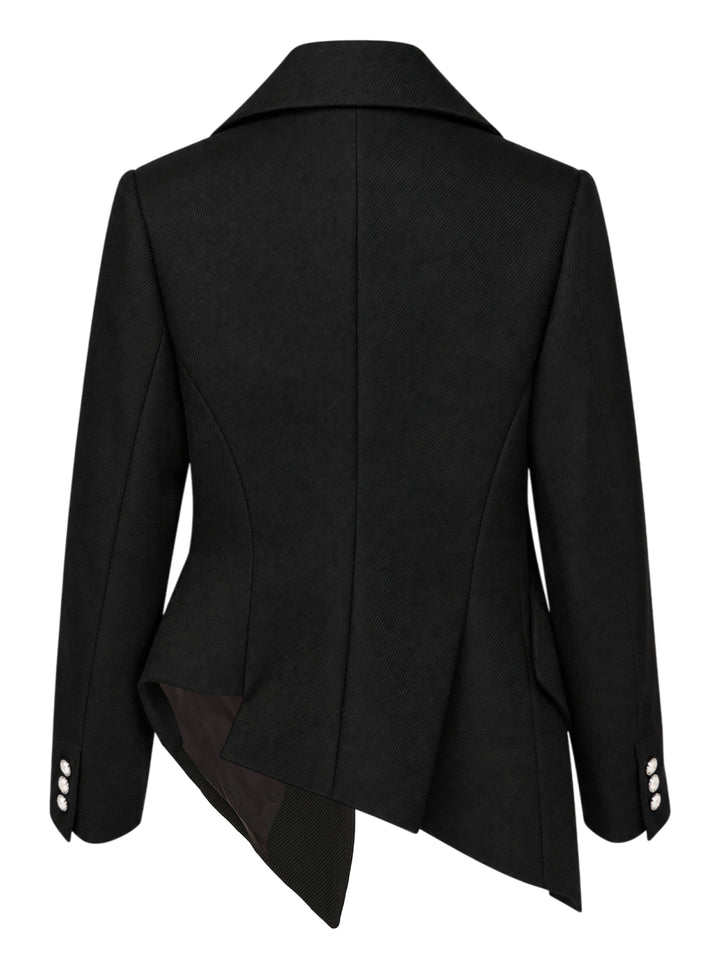 Comme des Garçons black sculptural asymmetric blazer with deconstructed layered lapels, mother-of-pearl buttons, and asymmetric hem revealing satin lining, photographed flat on white background - view 2