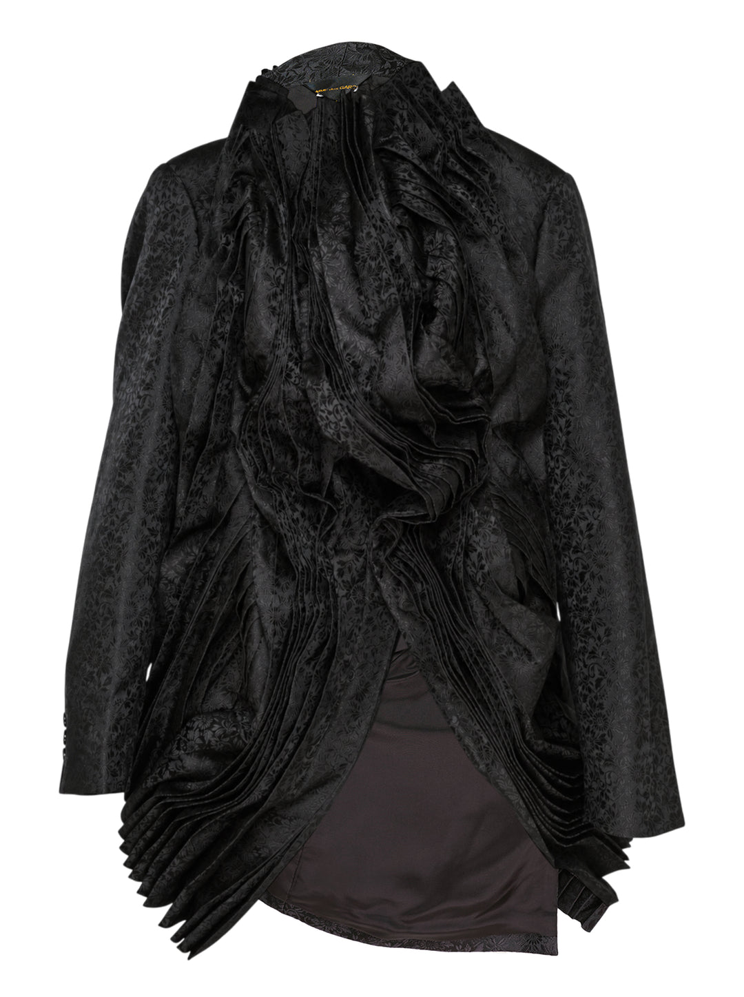 Comme des Garçons deconstructed black floral jacquard jacket with cascading accordion-pleated ruffle panel from collar to hem, shown on white background