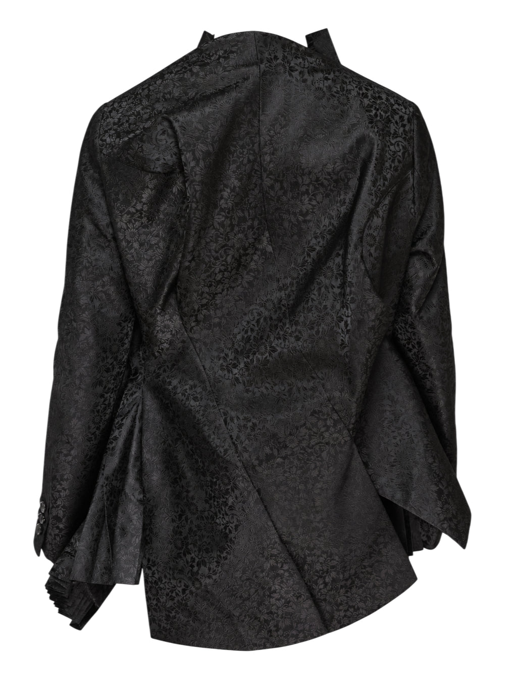 Comme des Garçons deconstructed black floral jacquard jacket with cascading accordion-pleated ruffle panel from collar to hem, shown on white background - view 2