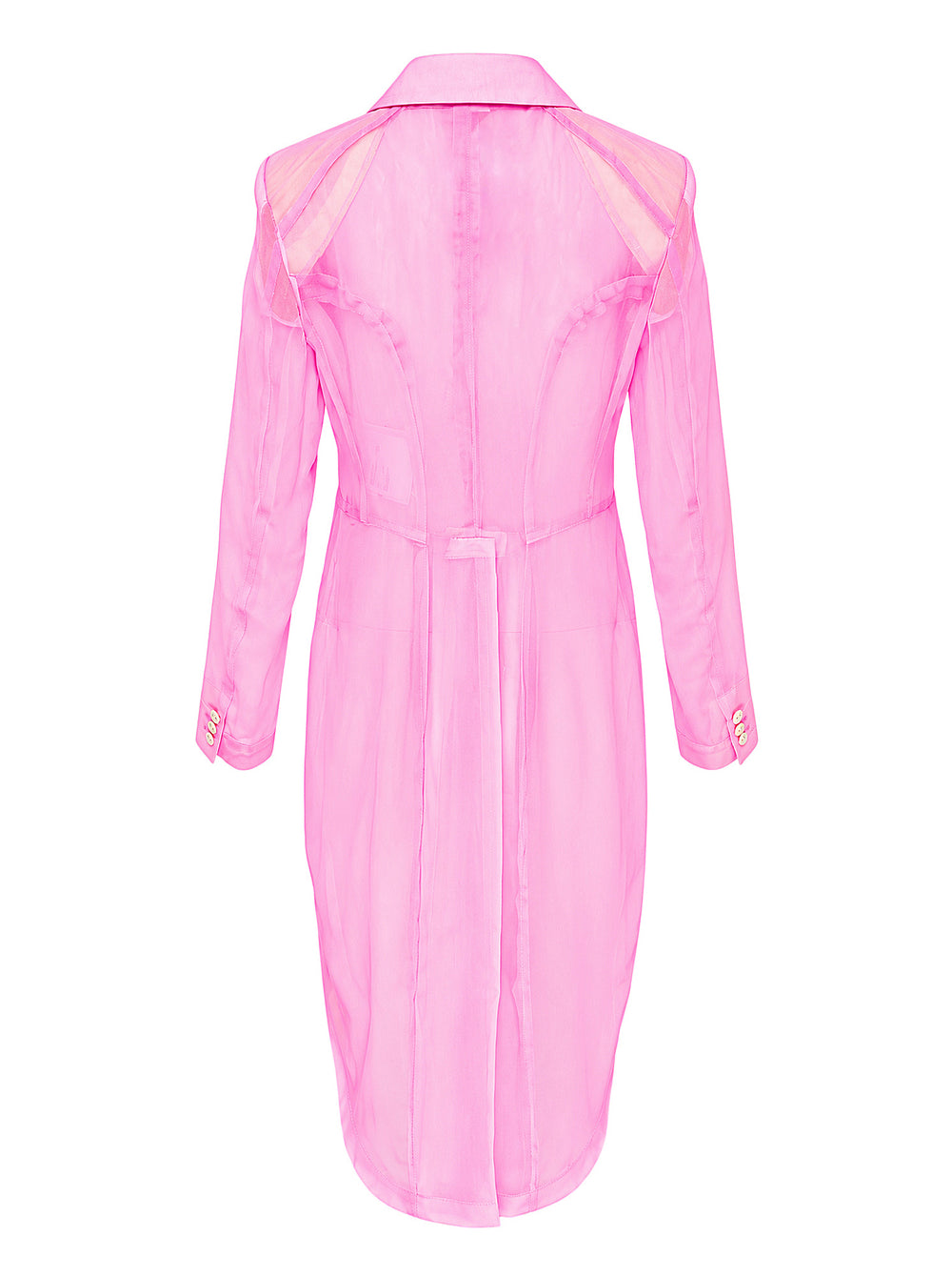 Comme des Garçons pink sheer tailcoat blazer with notched lapels, two-button fastening, chest welt pocket, and dramatic swallow-tail hi-lo hem - view 2