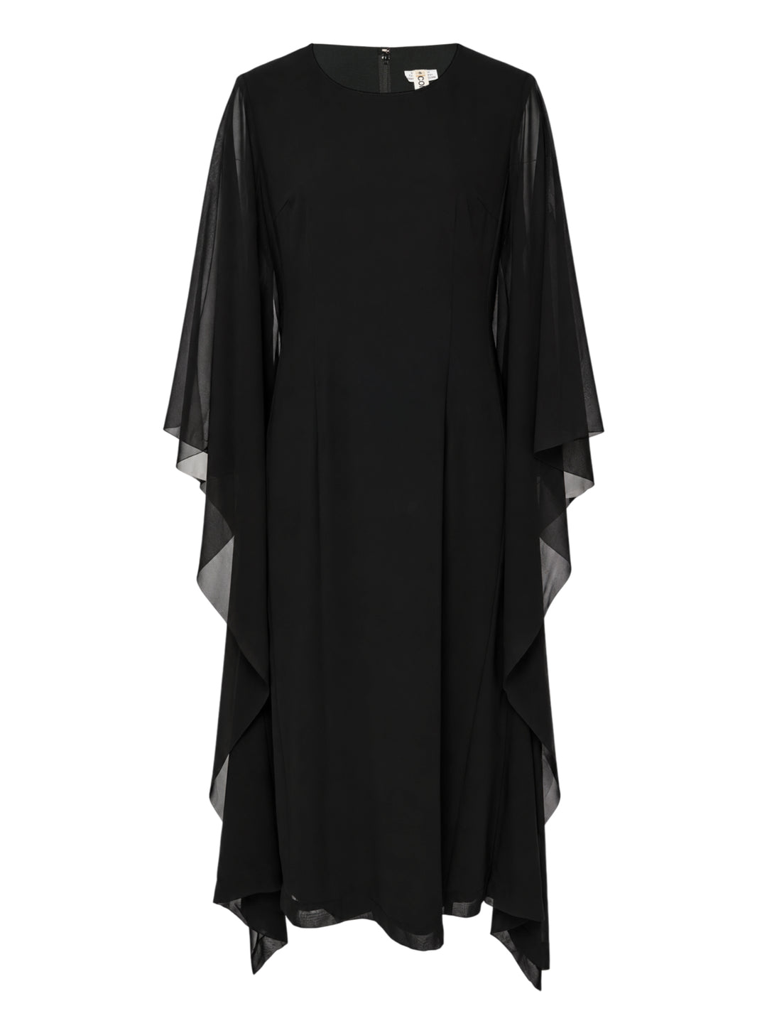 Comme des Garçons black georgette midi dress with sheer draped cape sleeves, round neckline and handkerchief-style hem