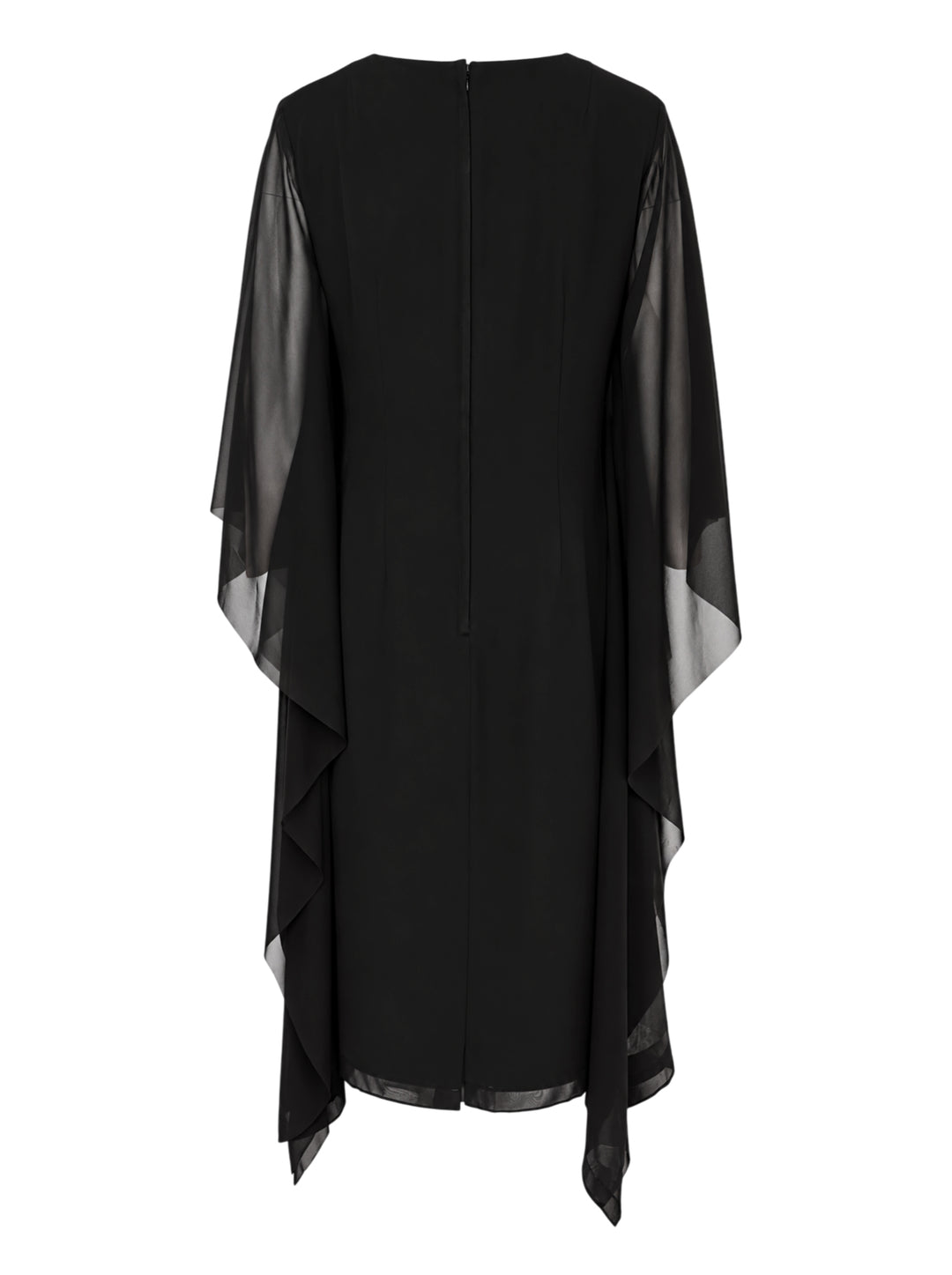 Comme des Garçons black georgette midi dress with sheer draped cape sleeves, round neckline and handkerchief-style hem - view 2