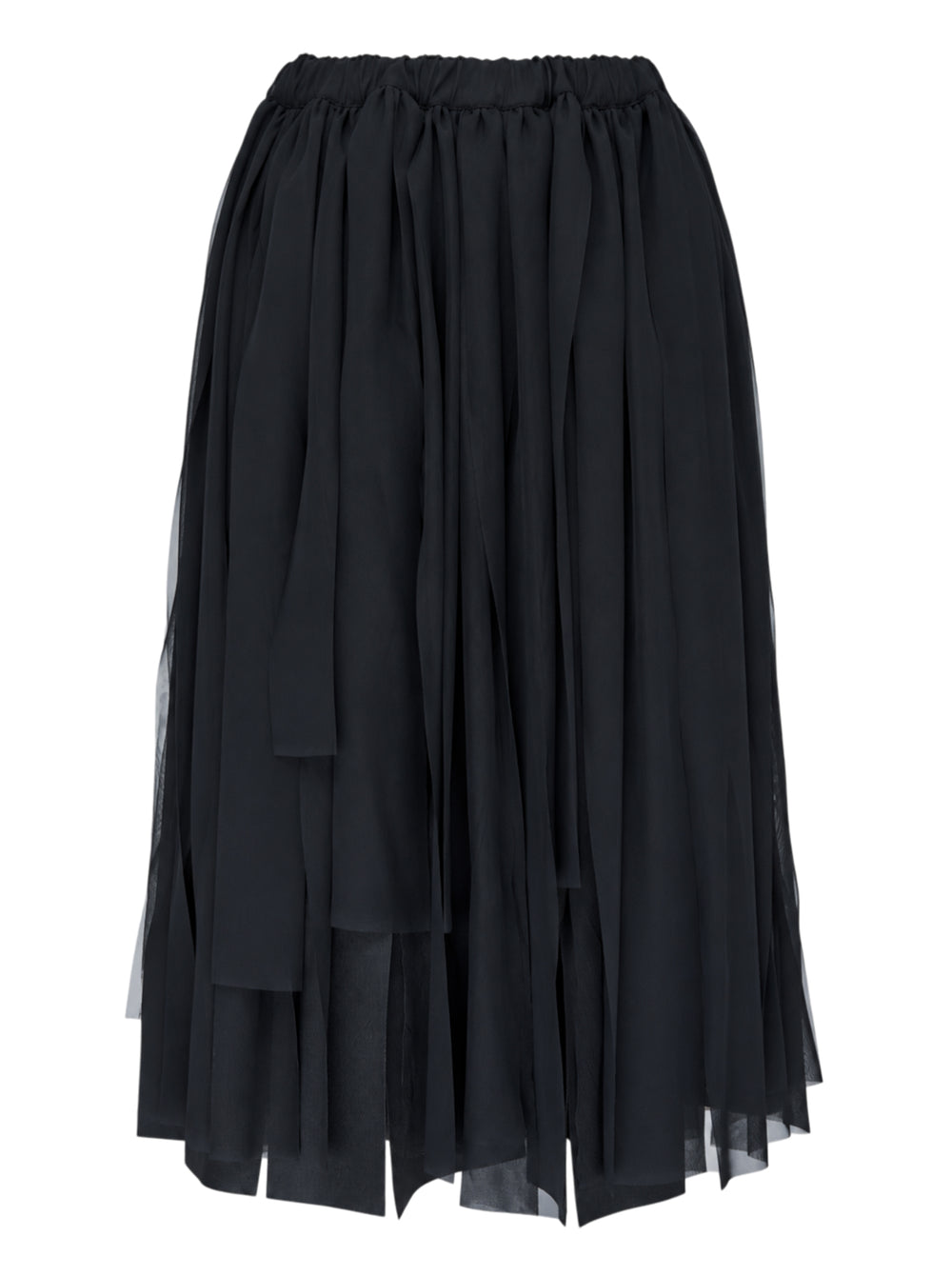 Comme des Garçons black asymmetric layered pleated midi skirt with elasticated waist and cascading ribbon-like sheer panels - view 2