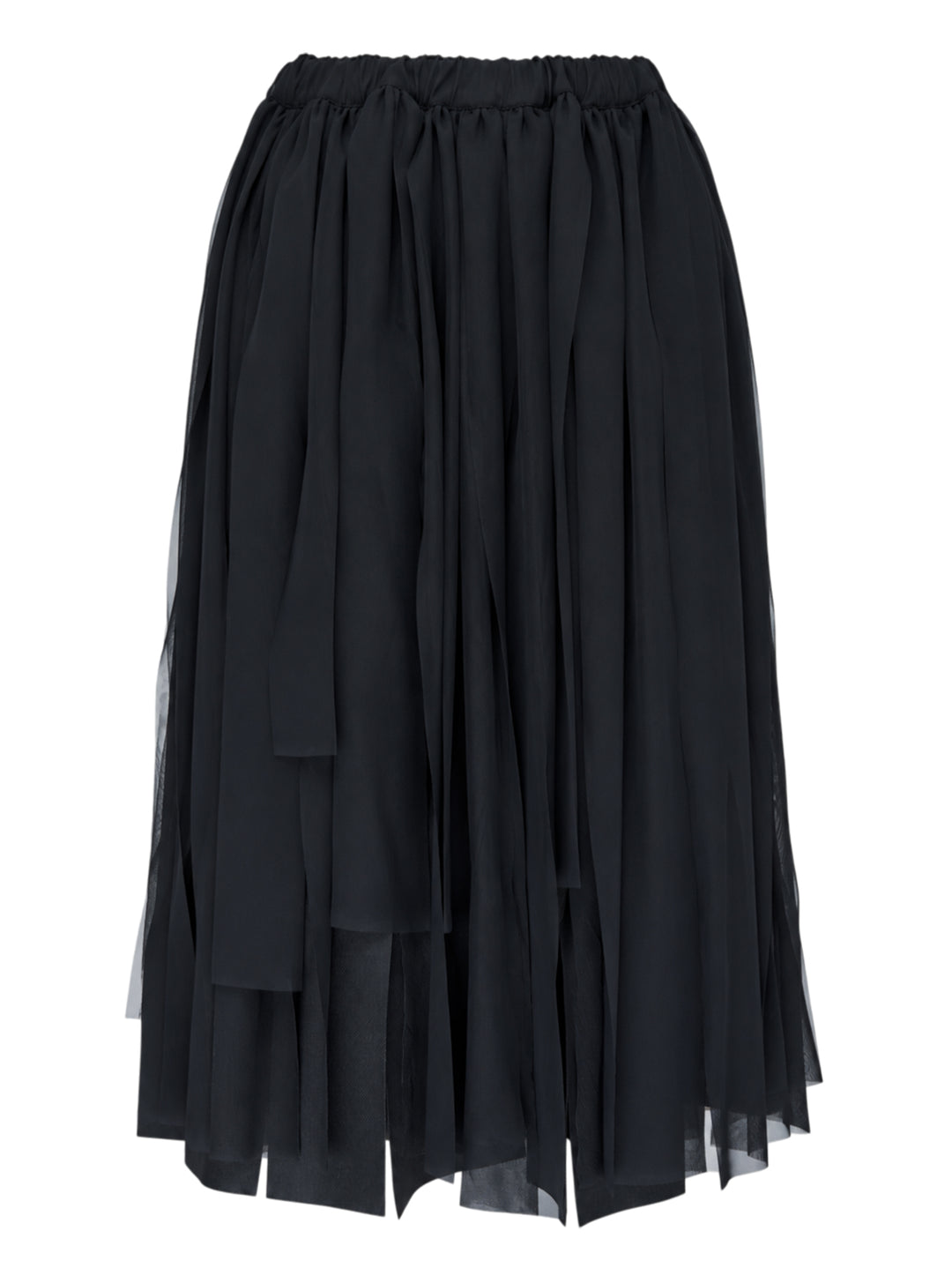 Comme des Garçons black asymmetric layered pleated midi skirt with elasticated waist and cascading ribbon-like sheer panels - view 2