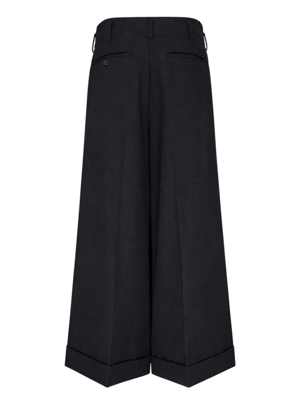 Comme des Garçons black wide leg pleated trousers with high waist, double front pleats, and deep turned-up cuffs, photographed flat on a white background - view 2