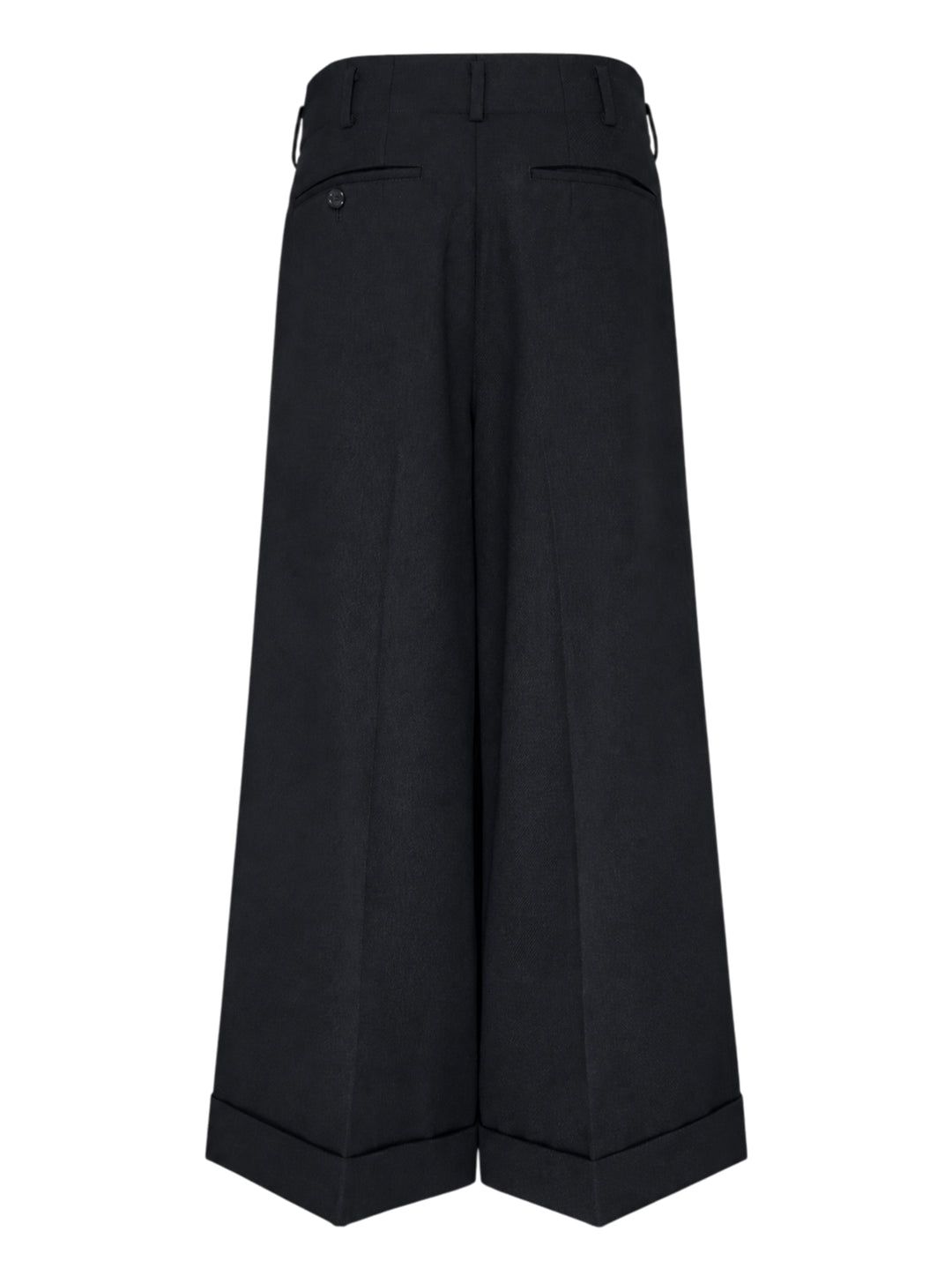 Comme des Garçons black wide leg pleated trousers with high waist, double front pleats, and deep turned-up cuffs, photographed flat on a white background - view 2
