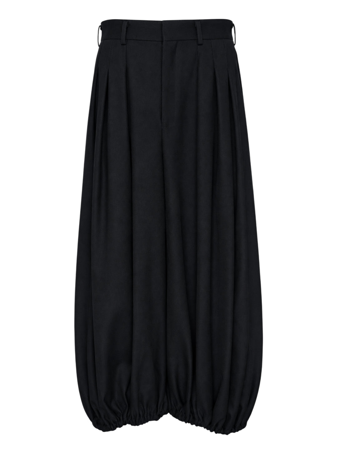 Comme des Garçons black balloon trousers with pleated high waist, voluminous silhouette, and elasticated gathered hems, shot flat on white background
