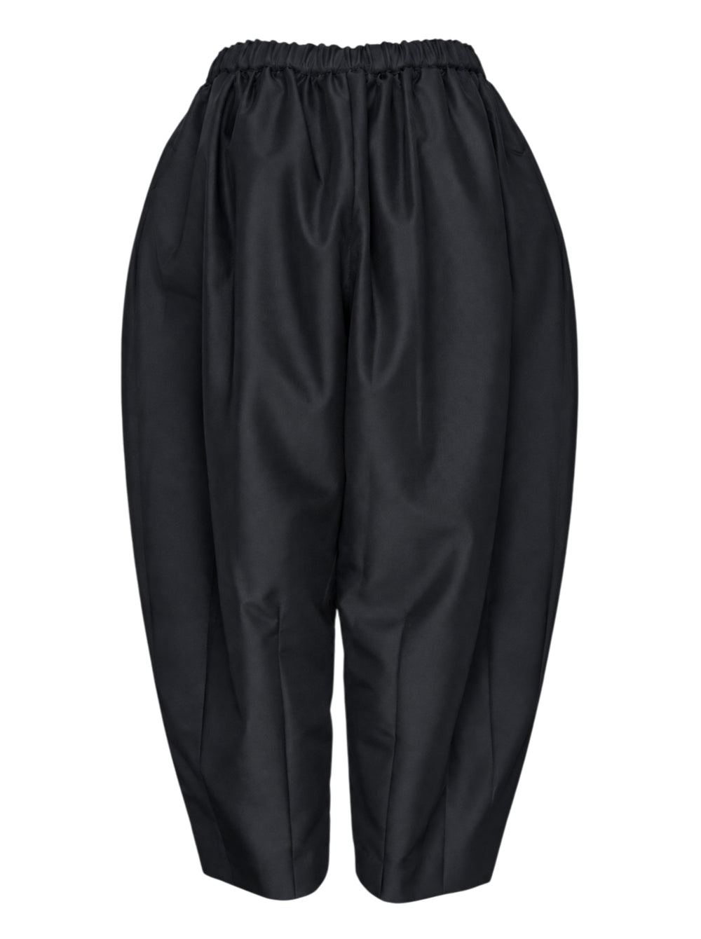 Comme des Garçons black rounded silhouette balloon-leg pants with elasticated waistband and structured vertical seaming, laid flat on white background - view 2
