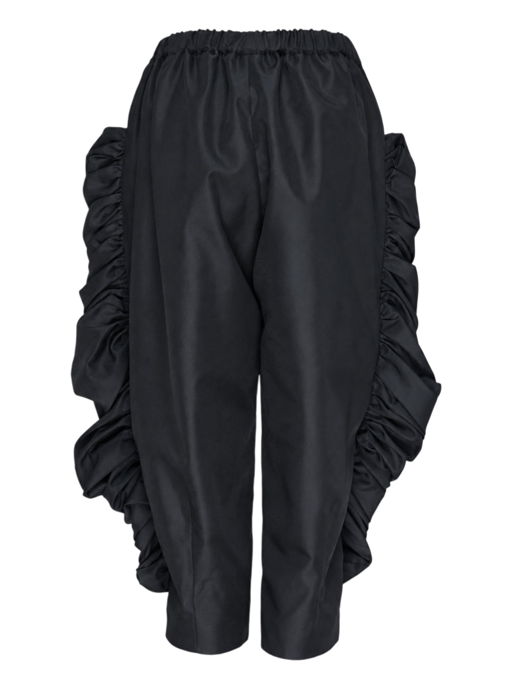 Comme des Garçons wide-leg black pants with dramatic ruched frill panels along both side seams and an elasticated waistband, displayed flat against a white background - view 2