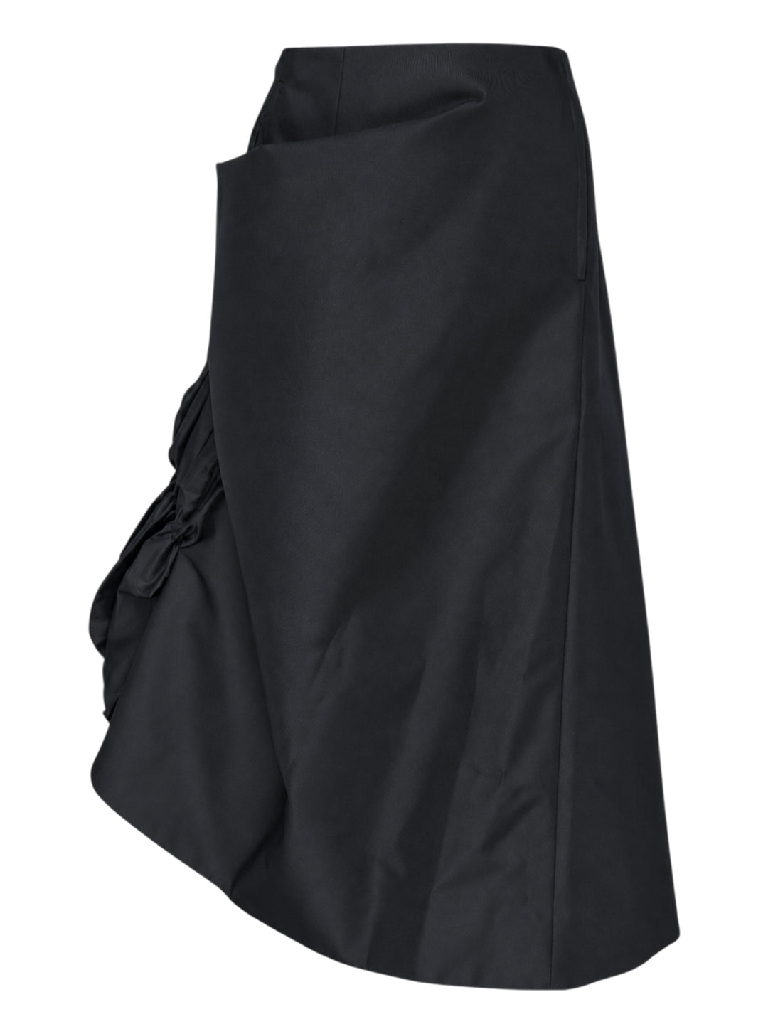 Comme des Garçons black asymmetrical midi skirt with ruched detailing and a flared hem, shown from the side against a white background