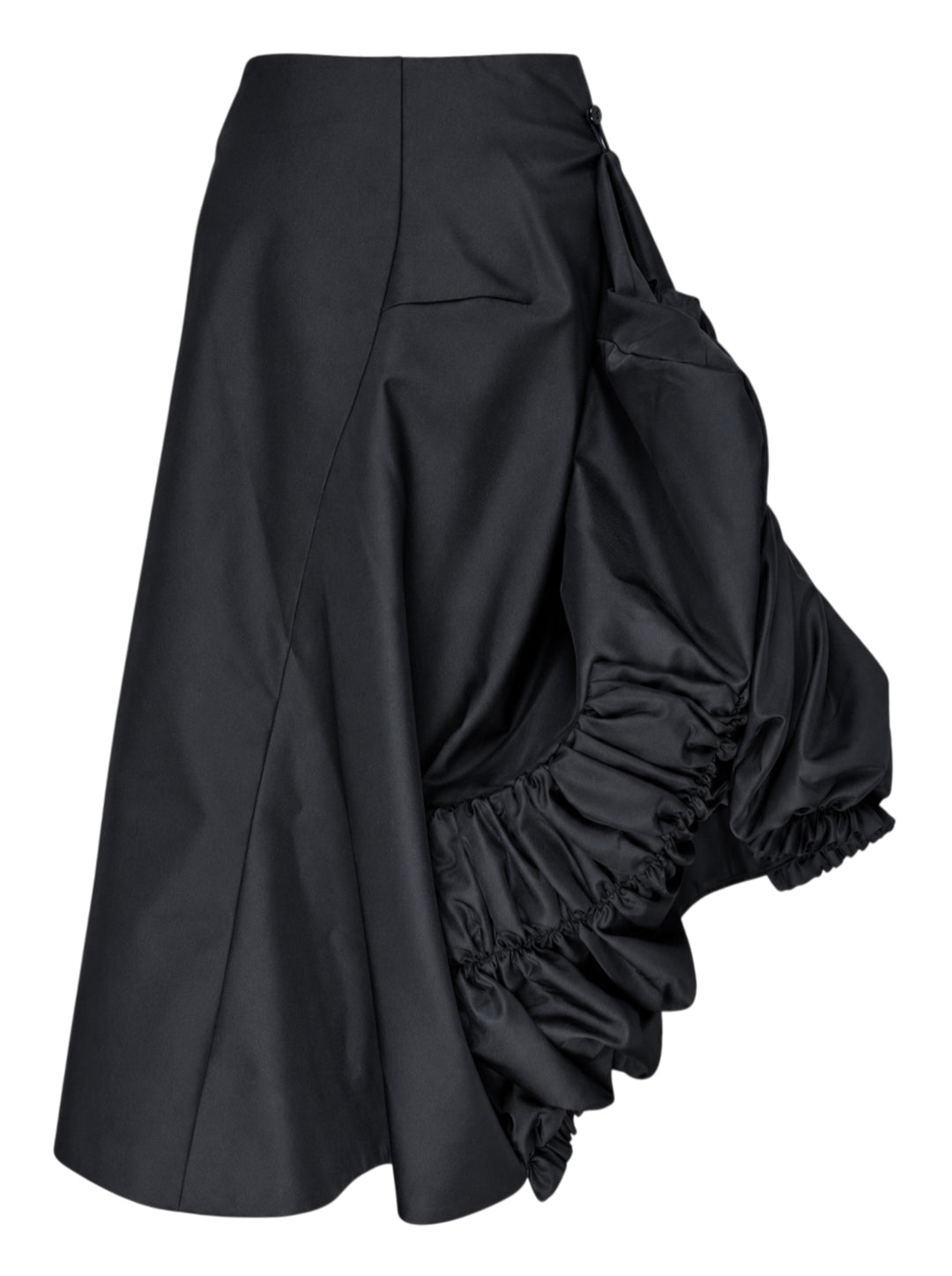 Comme des Garçons black asymmetrical midi skirt with ruched detailing and a flared hem, shown from the side against a white background - view 2