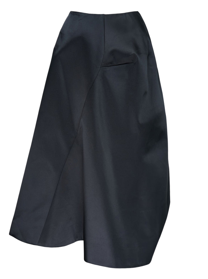 Comme des Garçons black asymmetrical draped midi skirt with pleated waist and flowing satin-finish fabric - view 2