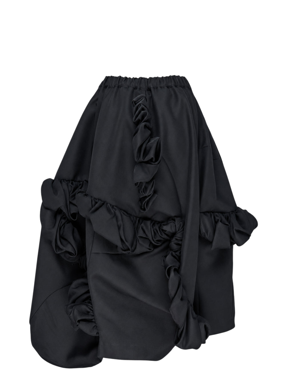 Comme des Garçons black voluminous balloon midi skirt with asymmetric sculptural ruffle clusters and elasticated waistband, product flat lay on white background - view 2