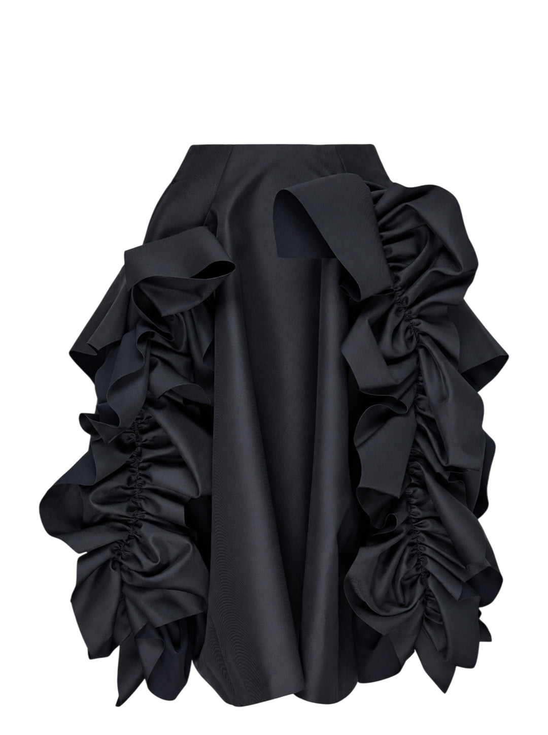 Comme des Garçons black asymmetrical midi skirt with voluminous gathered ruffle panels on both sides and a smooth structured centre panel, photographed on a white background