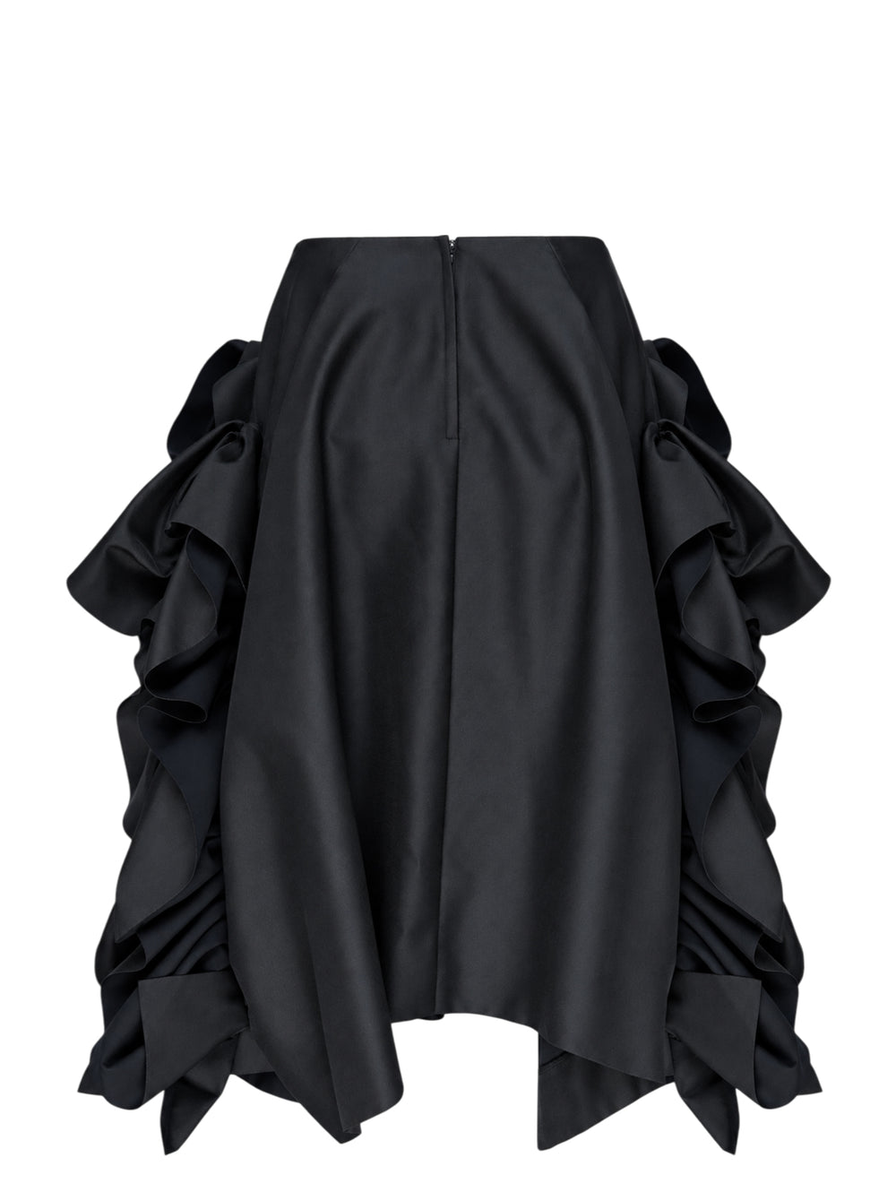 Comme des Garçons black asymmetrical midi skirt with voluminous gathered ruffle panels on both sides and a smooth structured centre panel, photographed on a white background - view 2