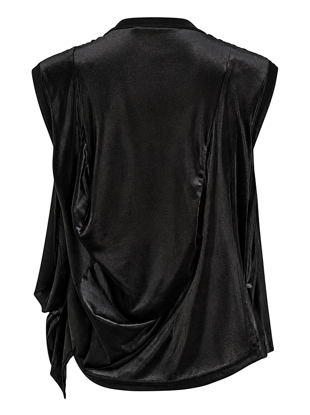 Comme des Garçons black pleated satin deconstructed ruched sleeveless top with asymmetric cascading hem, product flat lay on white background - view 2