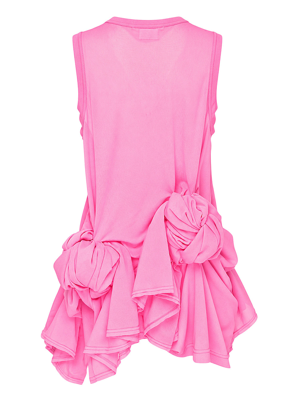 Comme des Garçons bright pink sleeveless tank top with dramatic knotted and gathered ruffle detailing across the lower hem, shown flat on a white background - view 2