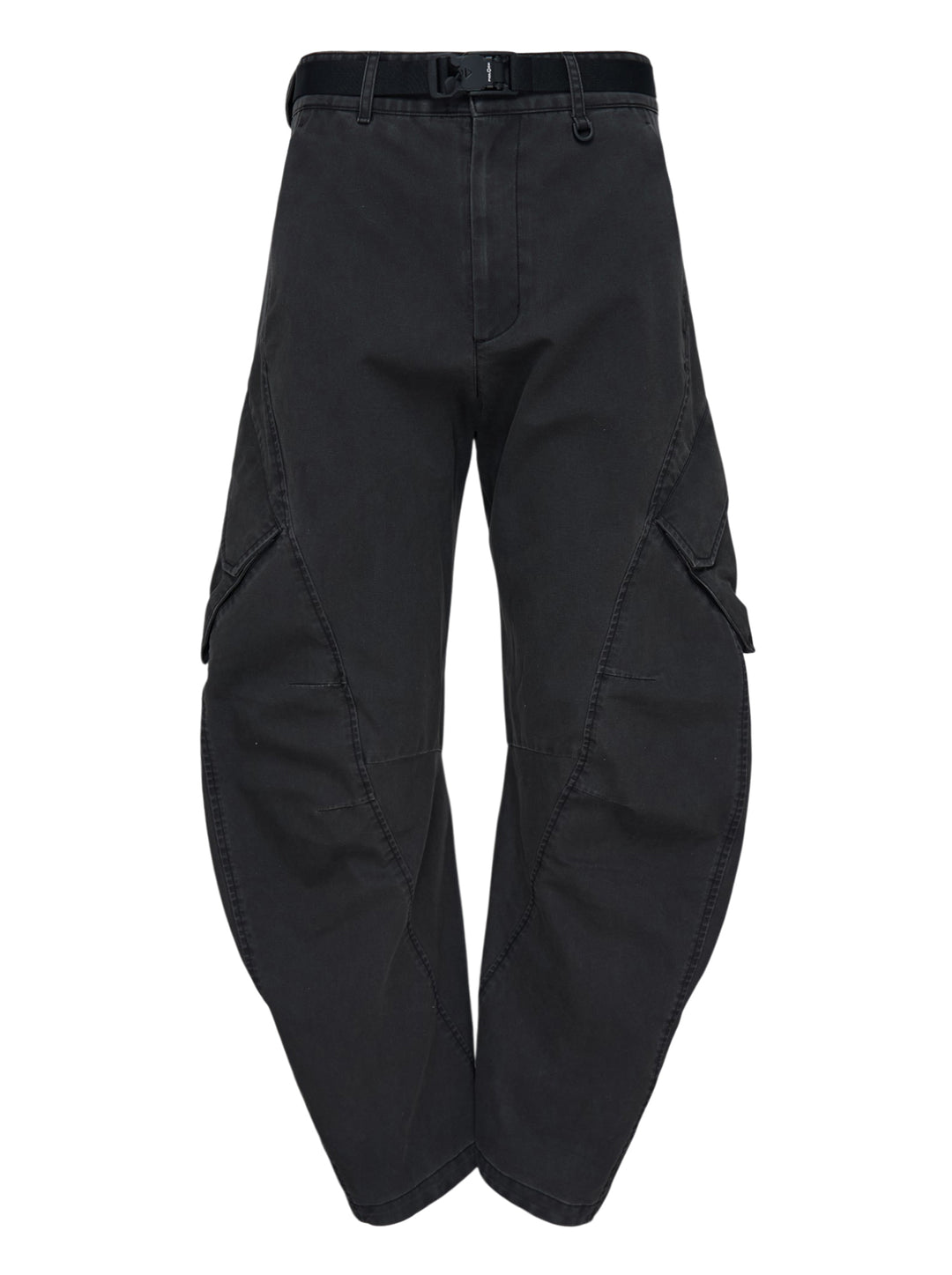 Jiyong Kim washed black multi-pocket cargo trousers with curved wide-leg silhouette, flap pockets and black buckle belt, shown front view