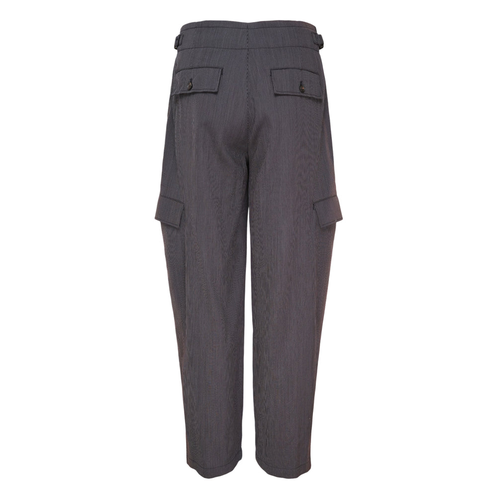 JiyongKim Sun-Bleached Pleated Trousers in a muted iridescent pinstripe fabric, featuring double front pleats, cargo flap pockets, and a tapered leg with turned-up cuffs - view 2