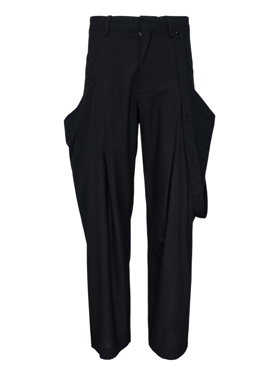 JiyongKim black Layered Panel Trousers with draped buttoned panel and sculpted side volume, shown from the front