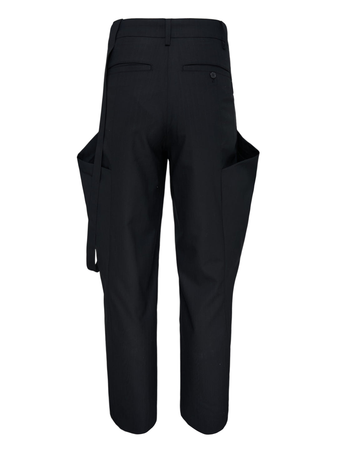 JiyongKim black Layered Panel Trousers with draped buttoned panel and sculpted side volume, shown from the front - view 2