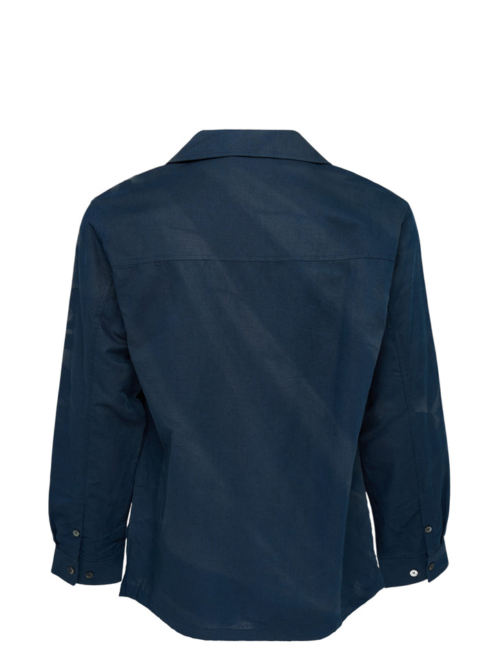 JiyongKim Sun-Bleached Strap Shirt in navy with camp collar, chest pocket and button sleeve straps, shown from the front - view 2