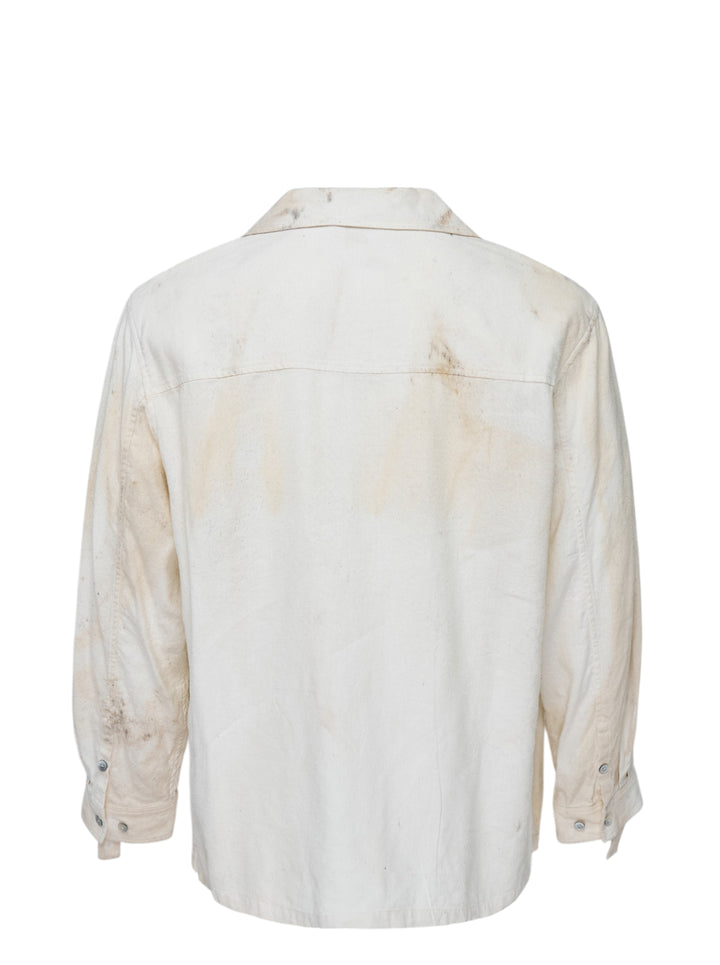 JiyongKim Sun-Bleached Strap Shirt in a faded cream finish with camp collar, button front, chest pocket and sleeve straps - view 2