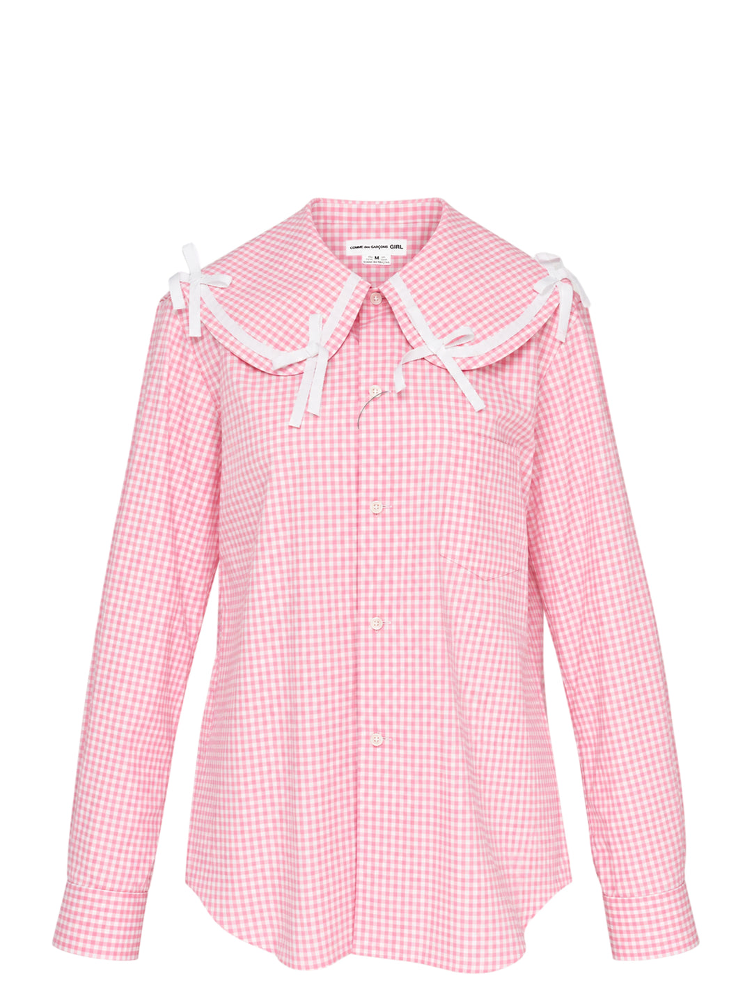 Comme des Garçons Girl pink and white gingham straight cut shirt with oversized collar trimmed in white ribbon bows, shown front view