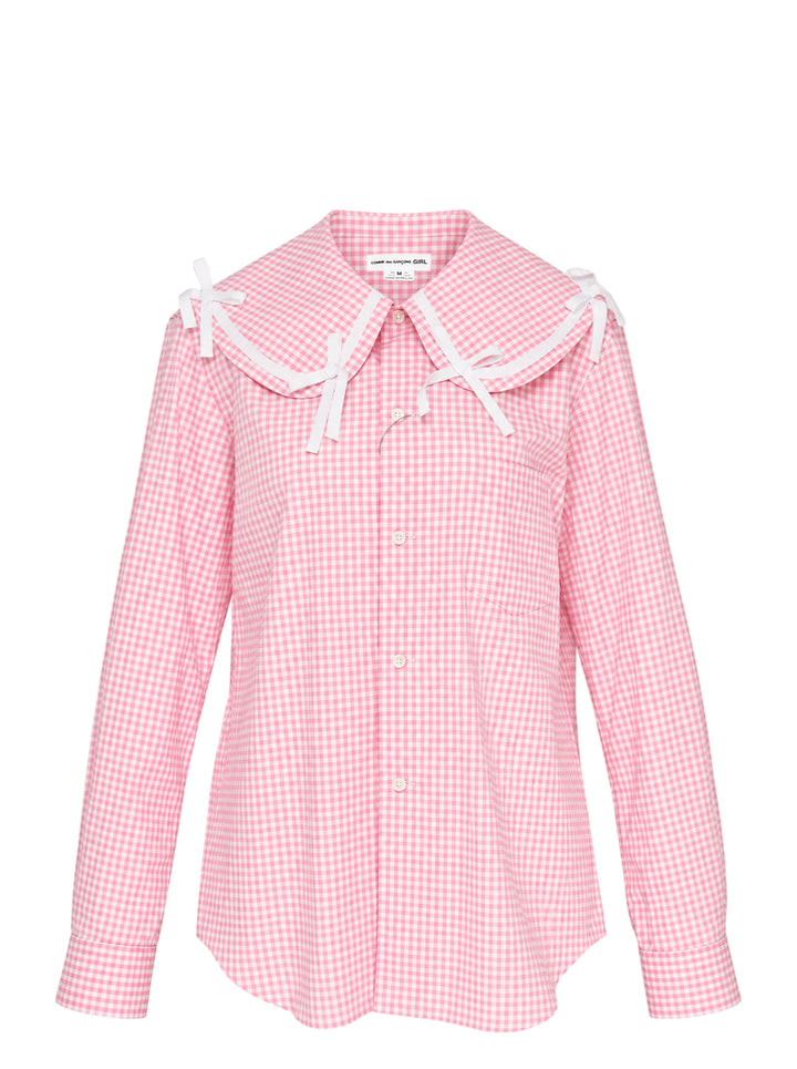 Comme des Garçons Girl pink and white gingham straight cut shirt with oversized collar trimmed in white ribbon bows, shown front view