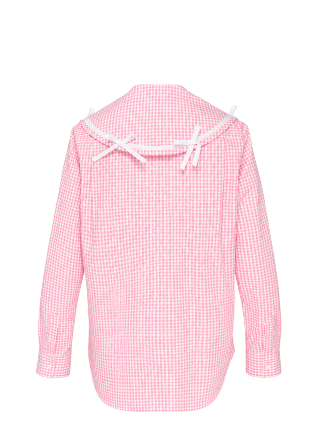 Comme des Garçons Girl pink and white gingham straight cut shirt with oversized collar trimmed in white ribbon bows, shown front view - view 2