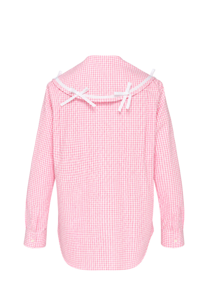 Comme des Garçons Girl pink and white gingham straight cut shirt with oversized collar trimmed in white ribbon bows, shown front view - view 2