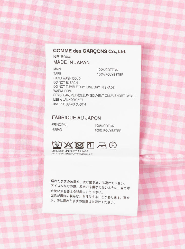 Comme des Garçons Girl pink and white gingham straight cut shirt with oversized collar trimmed in white ribbon bows, shown front view - view 3