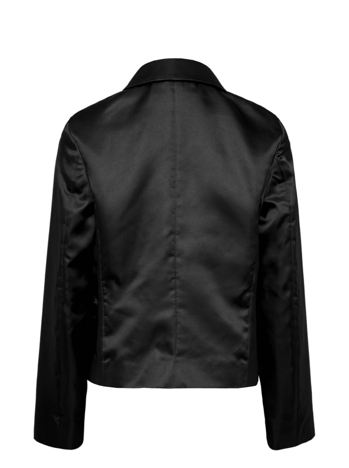 Comme des Garçons Girl black satin jacket with sheer tulle criss-cross ruffles and white ribbon bows across the front body, shown flat on a white background - view 2