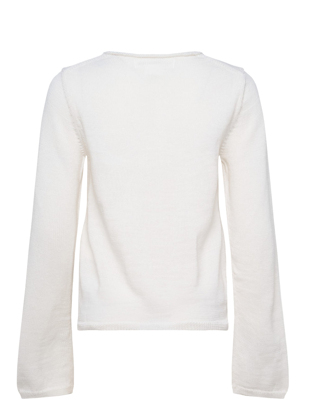 Comme des Garçons Girl ivory long sleeve fine knit top with 3D crochet unicorn appliqué in white and pink on the chest, crew neckline, flat lay on white background - view 2