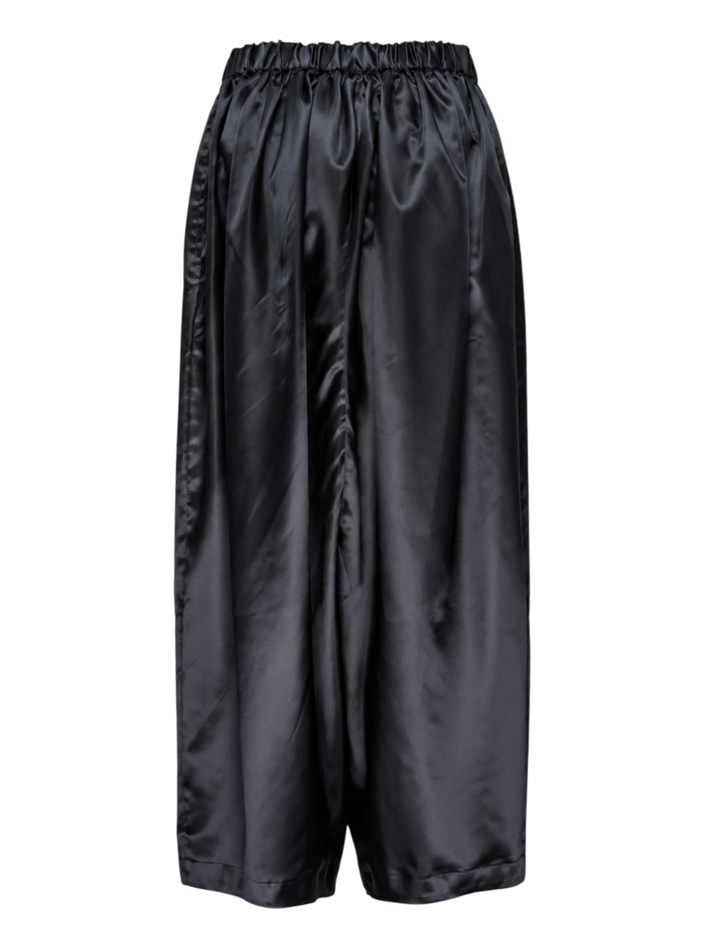 Comme des Garçons Girl black polyester satin wide-leg pants with elasticated ruched waistband and voluminous gathered silhouette, front view - view 2