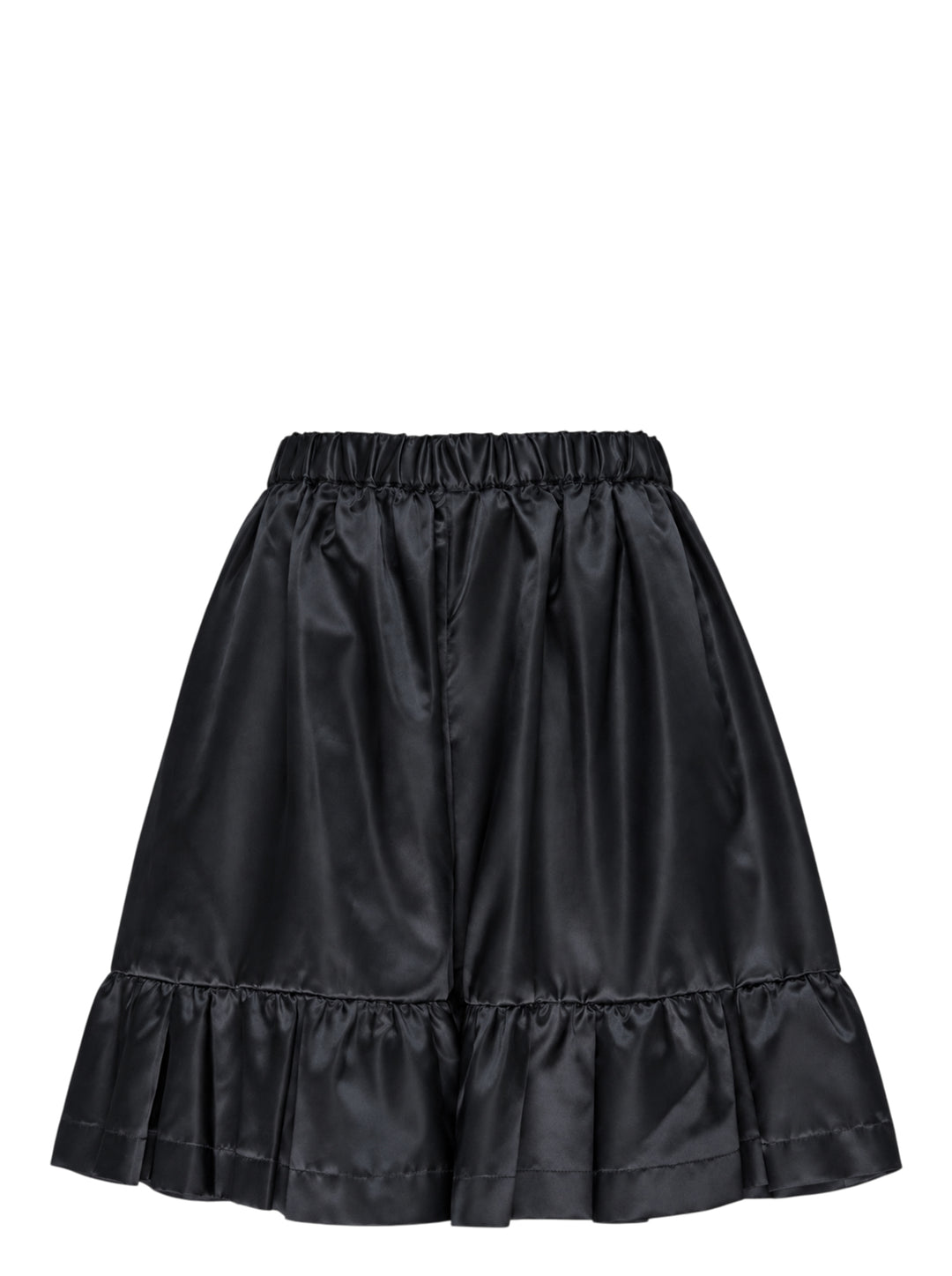 Comme des Garçons Girl black satin shorts with elasticated ruched waistband, gathered silhouette, and tiered ruffle hem, shot flat on a white background