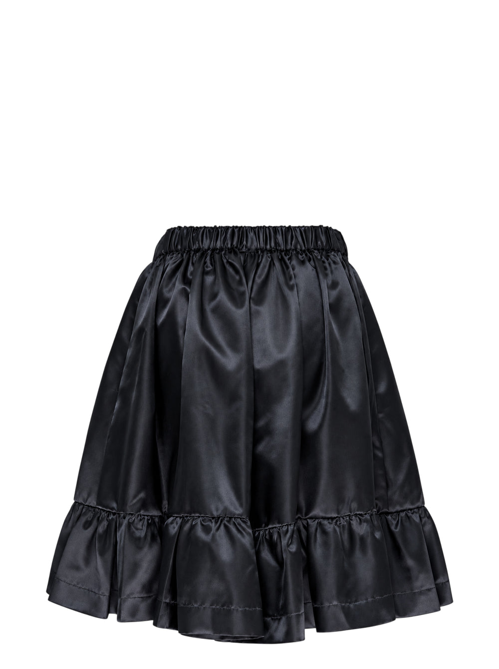 Comme des Garçons Girl black satin shorts with elasticated ruched waistband, gathered silhouette, and tiered ruffle hem, shot flat on a white background - view 2