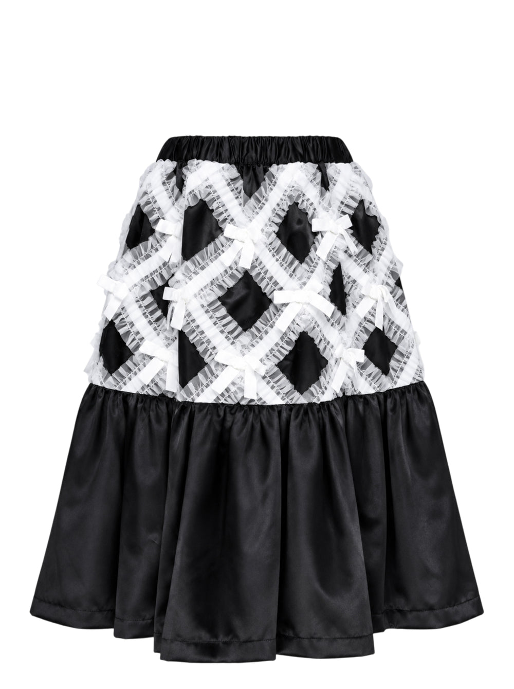 Comme des Garçons Girl black satin A-line skirt with white criss-cross tulle lattice overlay and satin ribbon bows, gathered flared hem, white background - view 2