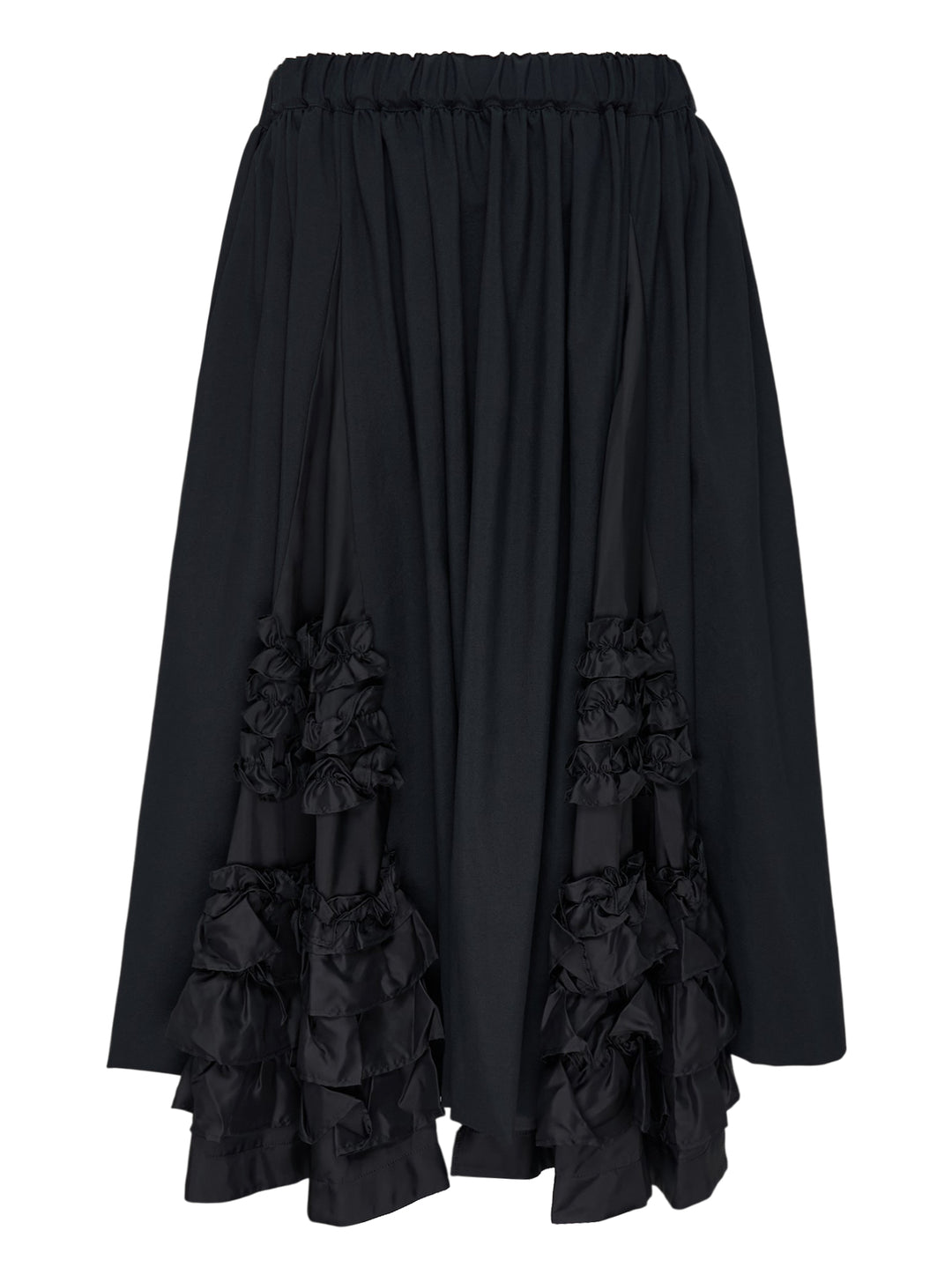 Comme des Garçons Girl black A-line midi skirt with elasticated waist and tiered gathered ruffle panels at the hem