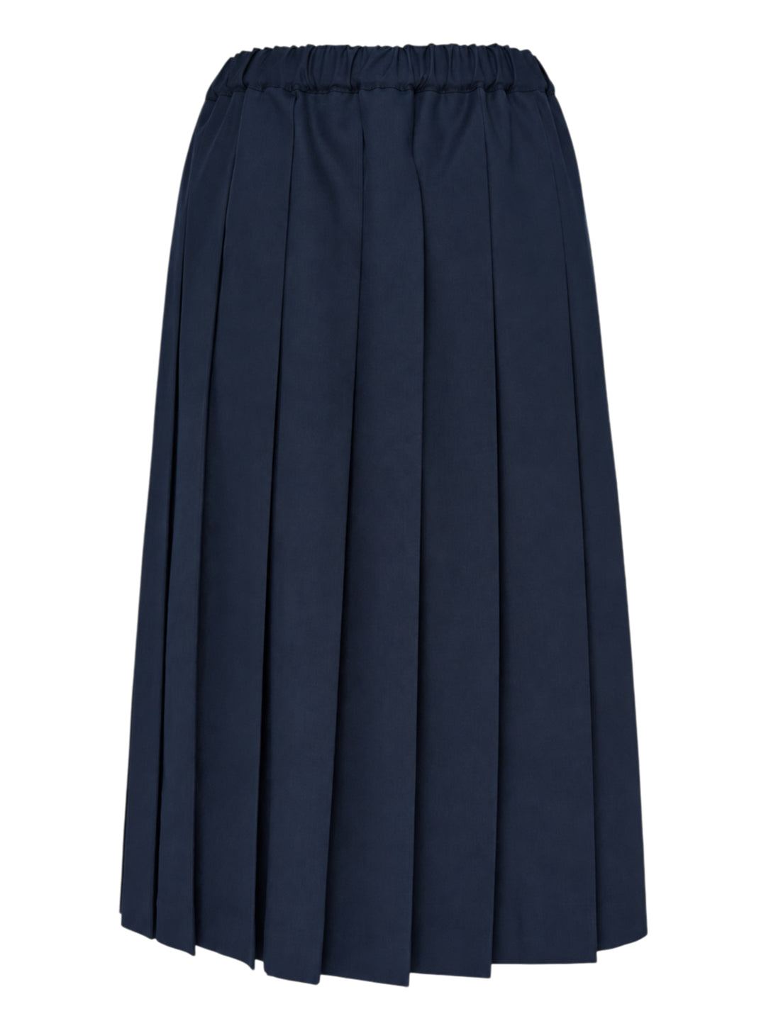 Comme des Garçons Girl navy pleated midi skirt with knife pleats and elasticated waistband, shown flat against a white background