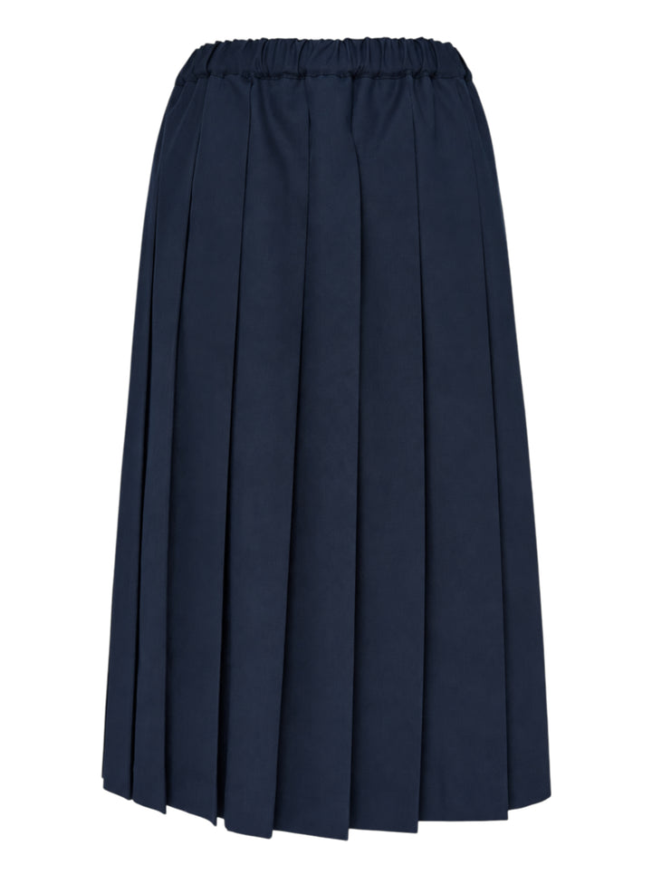 Comme des Garçons Girl navy pleated midi skirt with knife pleats and elasticated waistband, shown flat against a white background
