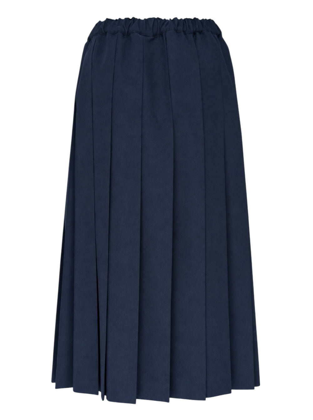 Comme des Garçons Girl navy pleated midi skirt with knife pleats and elasticated waistband, shown flat against a white background - view 2