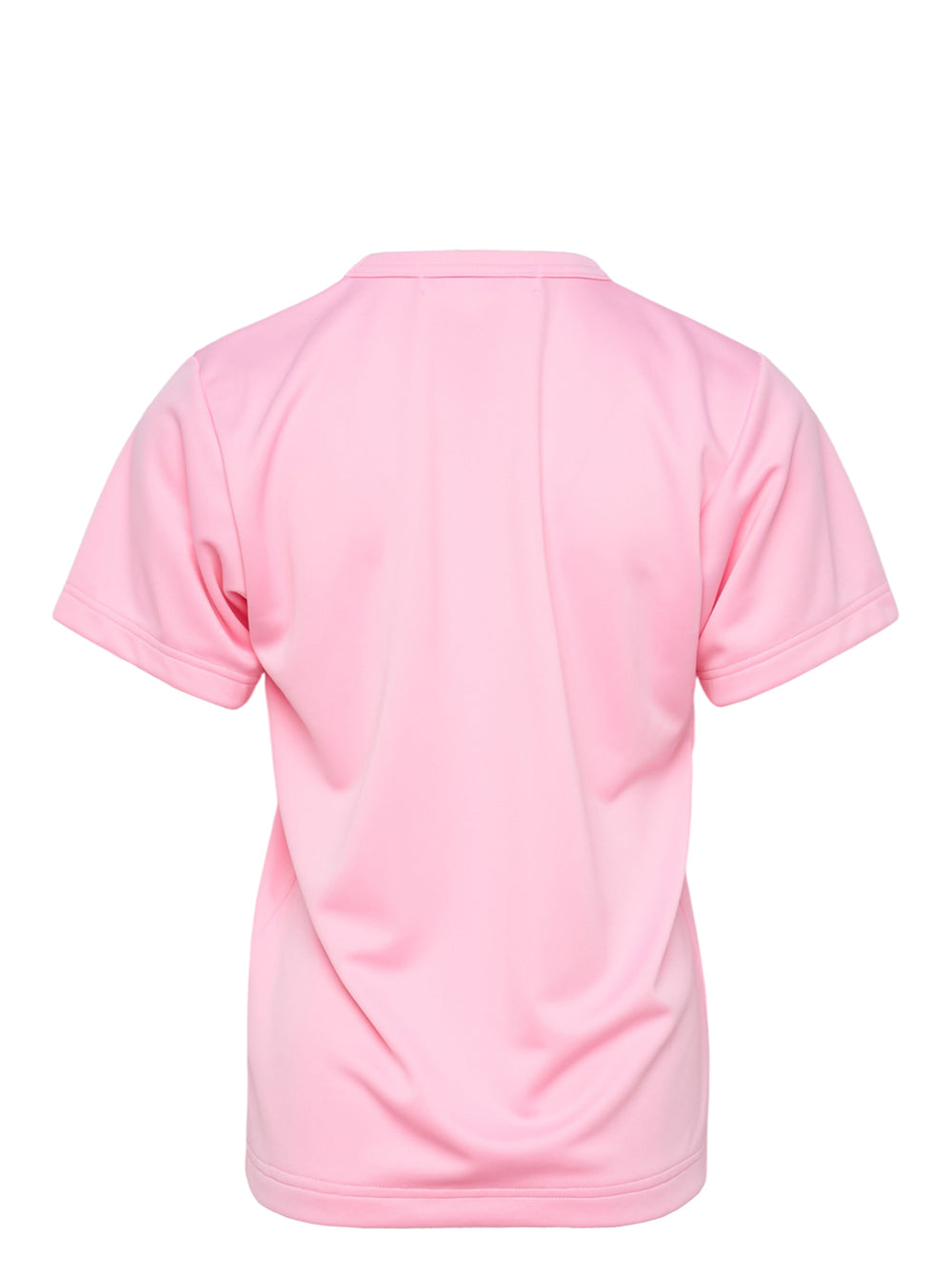 Comme des Garçons Girl pink short sleeve tee with multiple ribbon bows scattered across the chest, relaxed boxy fit with turned-back cuffs and ribbed hem - view 2