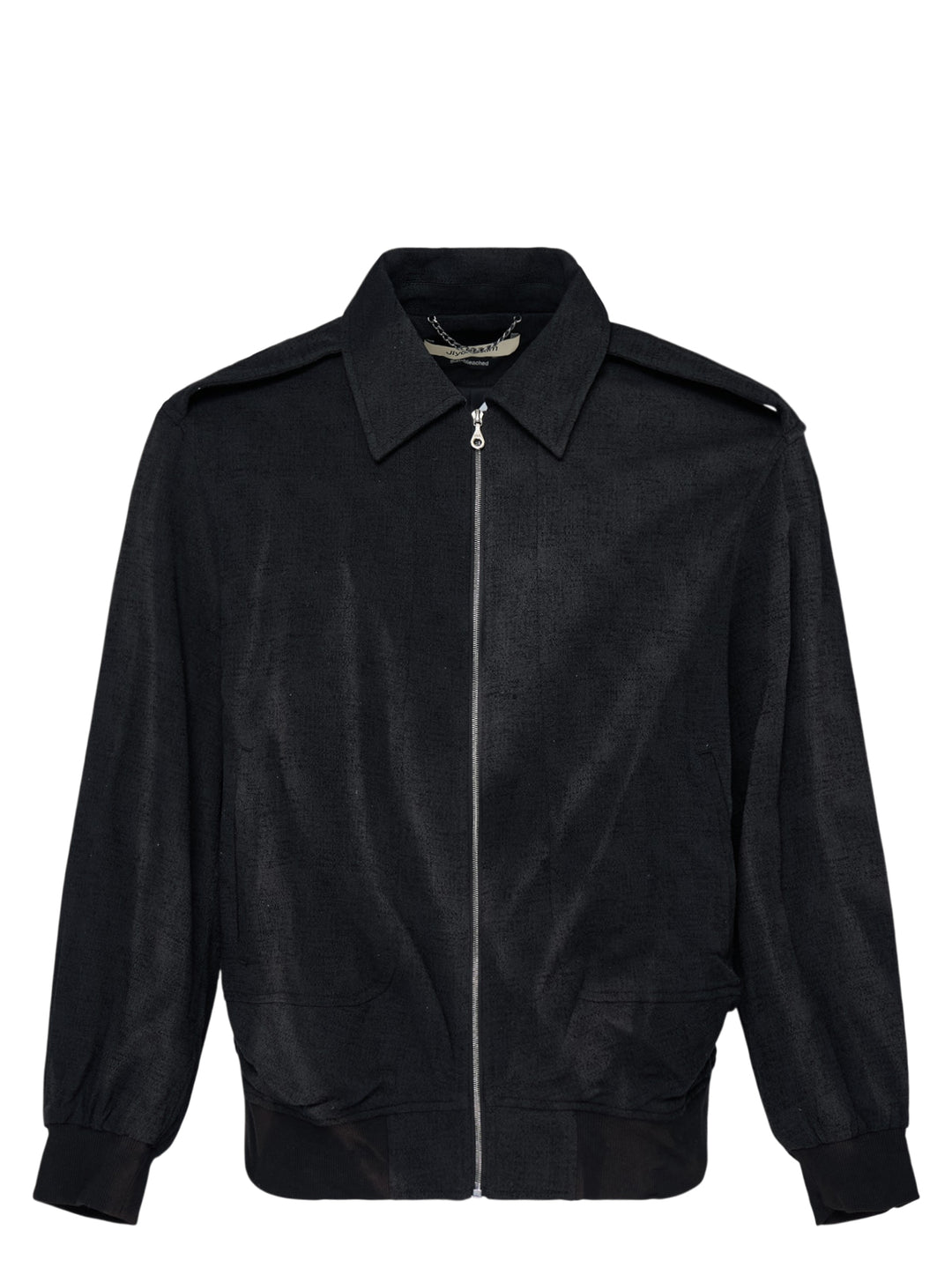 Jiyongkim black sun-bleached oversized blouson jacket with zip front, pointed collar, shoulder epaulettes and ribbed hem