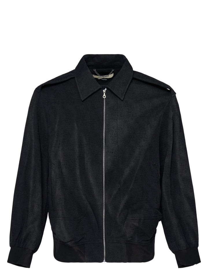 Jiyongkim black sun-bleached oversized blouson jacket with zip front, pointed collar, shoulder epaulettes and ribbed hem