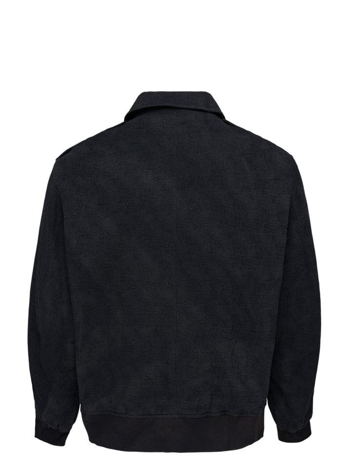 Jiyongkim black sun-bleached oversized blouson jacket with zip front, pointed collar, shoulder epaulettes and ribbed hem - view 2