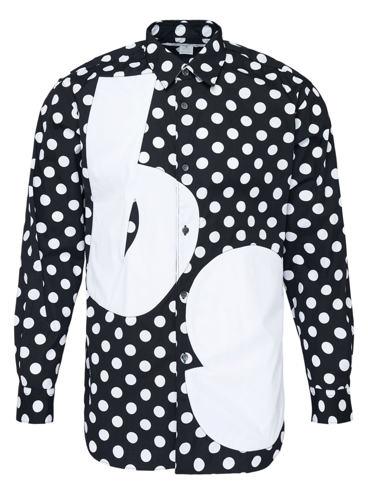 Comme des Garçons Shirt black and white polka dot long-sleeve button-up shirt with oversized white patchwork panels on the front